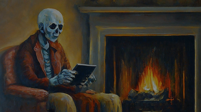 A Book-loving Ghoul Cozies Up To The Fireplace To Read His Kindle