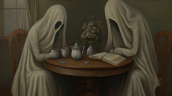 Two Ghosts Engaging In A Discussion About Their Weekly Book Over Hot Tea.